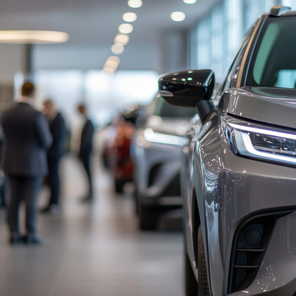 car dealership with people in the background, sedan in the foreground