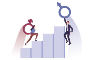 Recruitment and business sexism concept Unfairness and career problem of woman. Glass ceiling and gender wage gap. Businesswoman climbing a career ladder. Isolated vector illustration